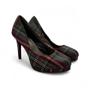 FIONI Women's Plaid Vintage High Heels Red, Gray, and Yellow Plaid Size 8